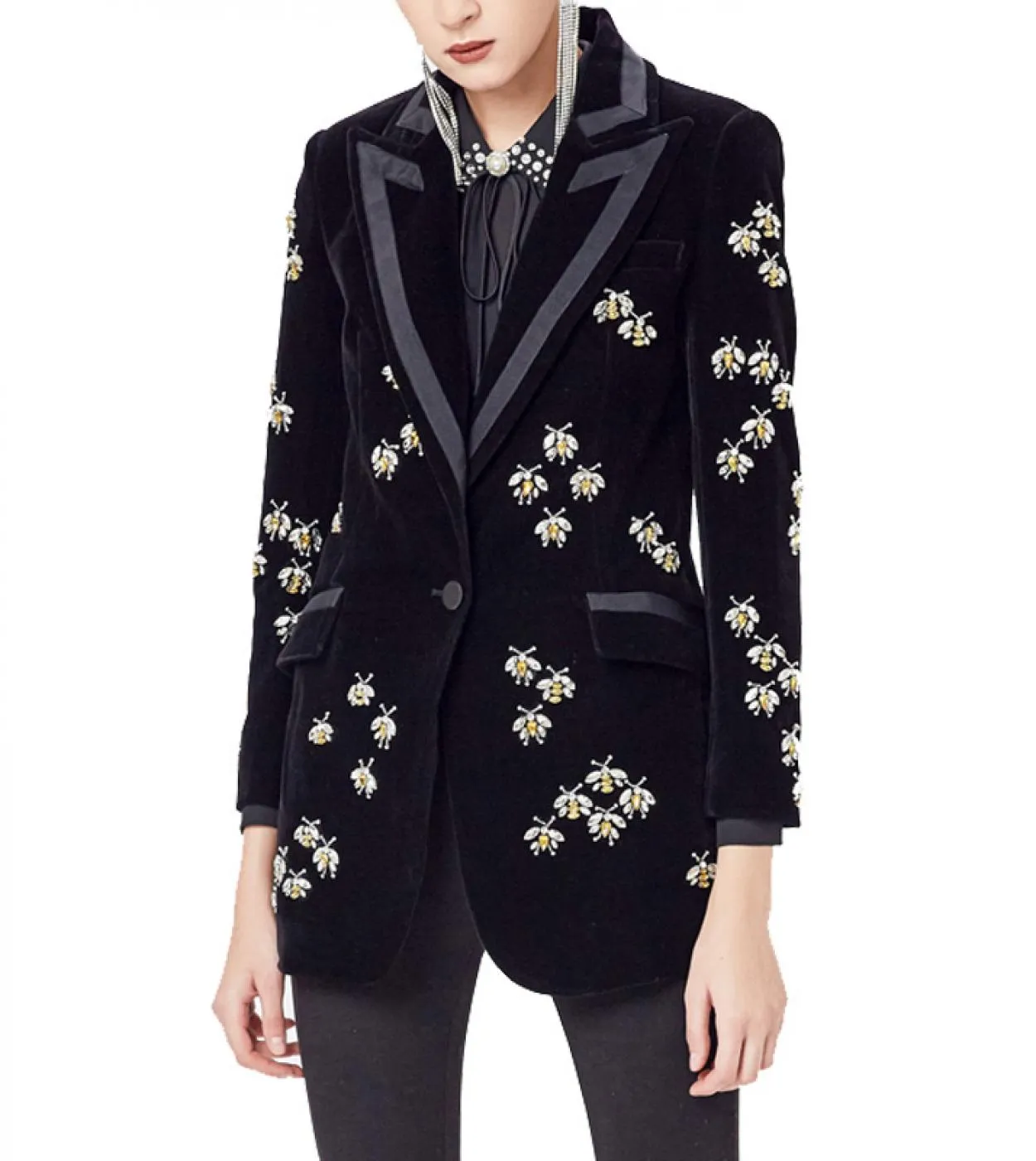 2022 Top Fashion Womens High Street Luxury Blazer in velluto nero con intaglio Animal Bee Beading Fit Blazer Coatblazers