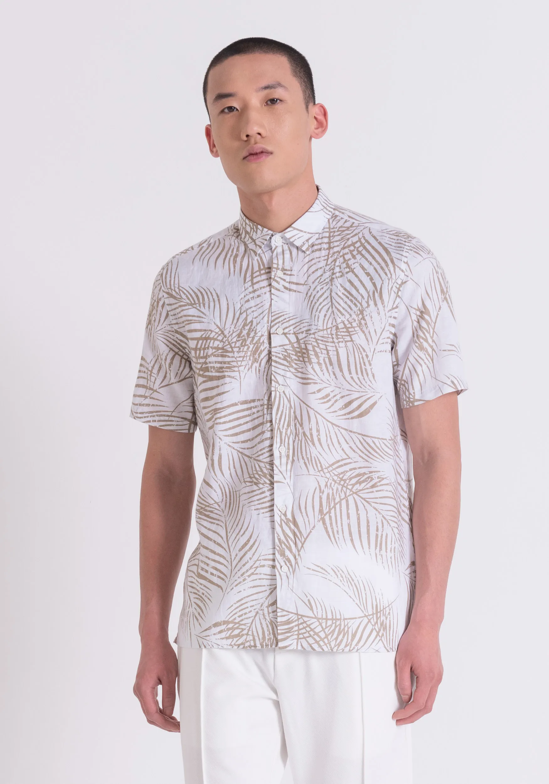 CAMICIA REGULAR STRAIGTH FIT “BARCELONA” IN MISTO LINO STAMPATO