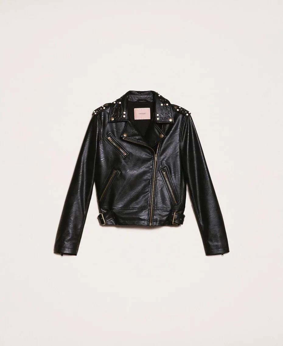 Chiodo in similpelle con borchie e perle
