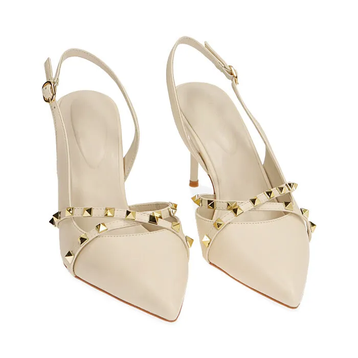 Décolleté slingback borchiate panna, tacco 8 cm