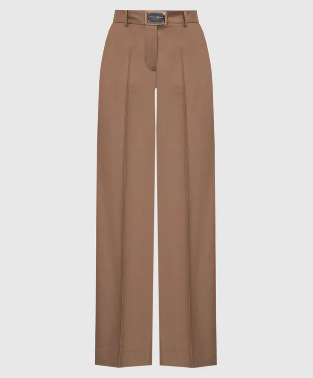 Dolce&Gabbana Pantaloni in lana marrone con logo metallico FTCZITGDBWW