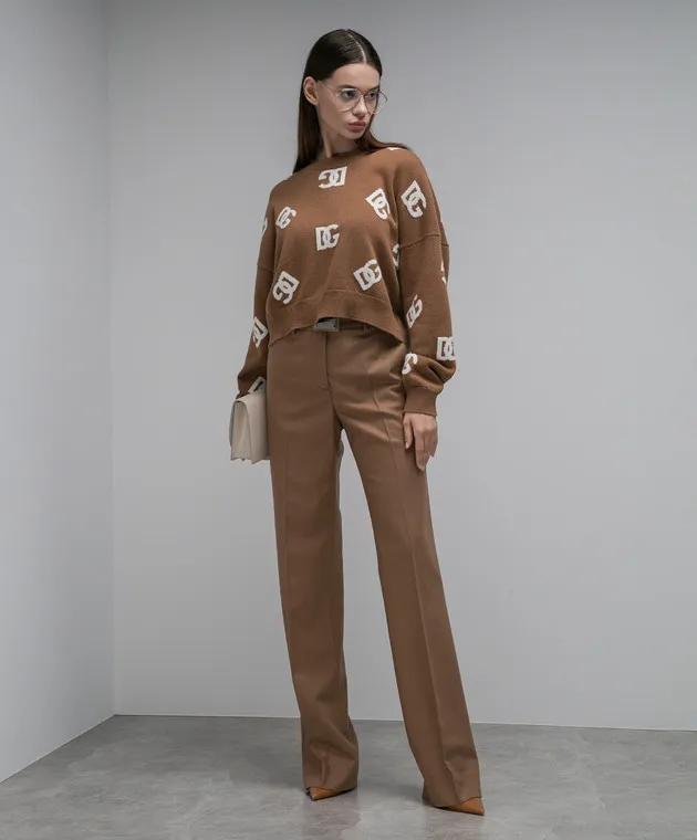 Dolce&Gabbana Pantaloni in lana marrone con logo metallico FTCZITGDBWW