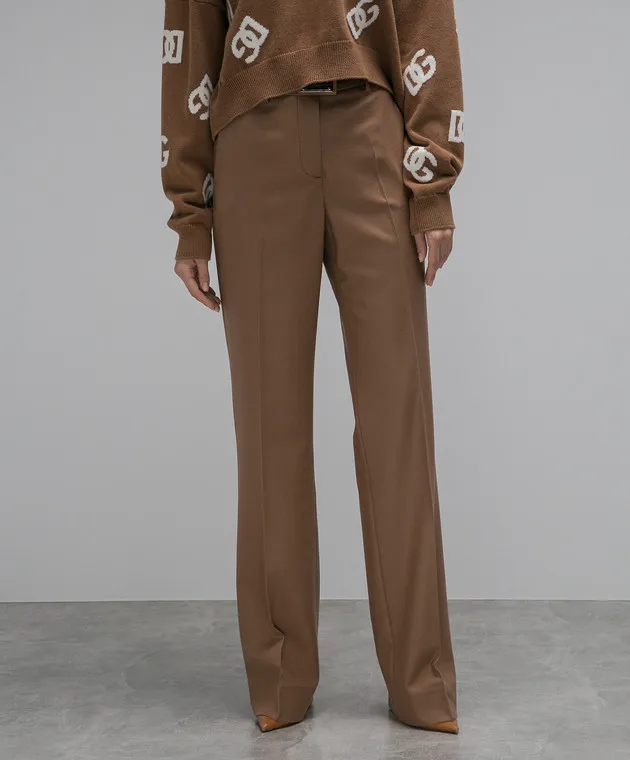 Dolce&Gabbana Pantaloni in lana marrone con logo metallico FTCZITGDBWW