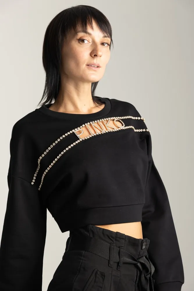 Felpa crop con logo in strass NERO LIMOUSINE