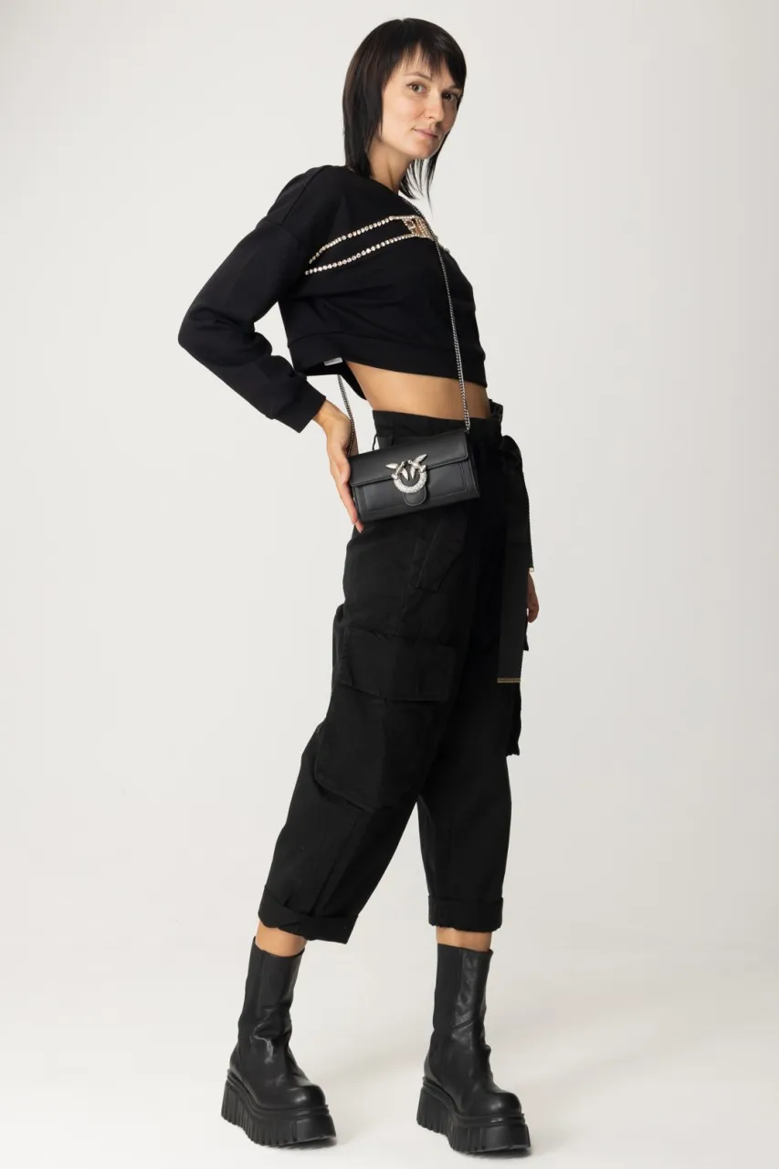 Felpa crop con logo in strass NERO LIMOUSINE