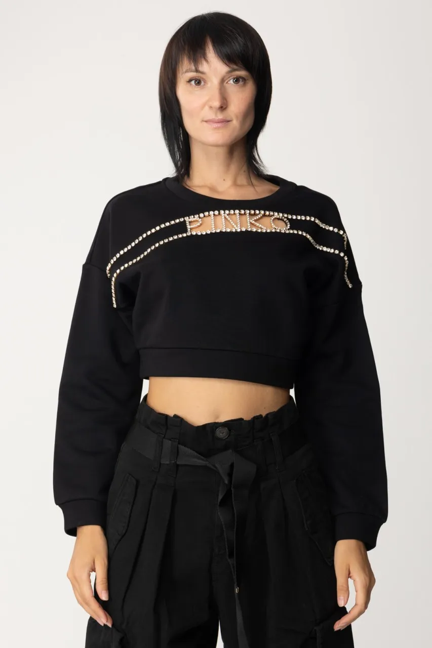 Felpa crop con logo in strass NERO LIMOUSINE