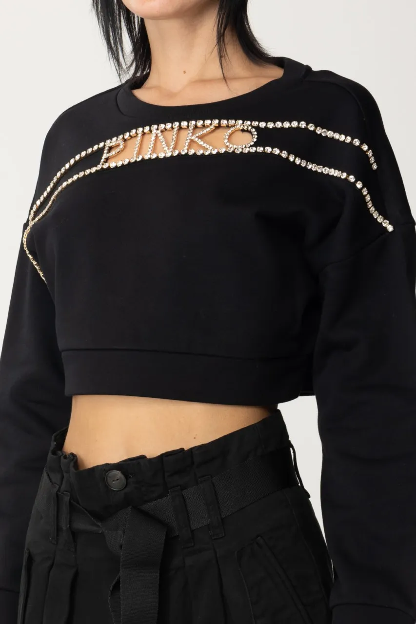Felpa crop con logo in strass NERO LIMOUSINE