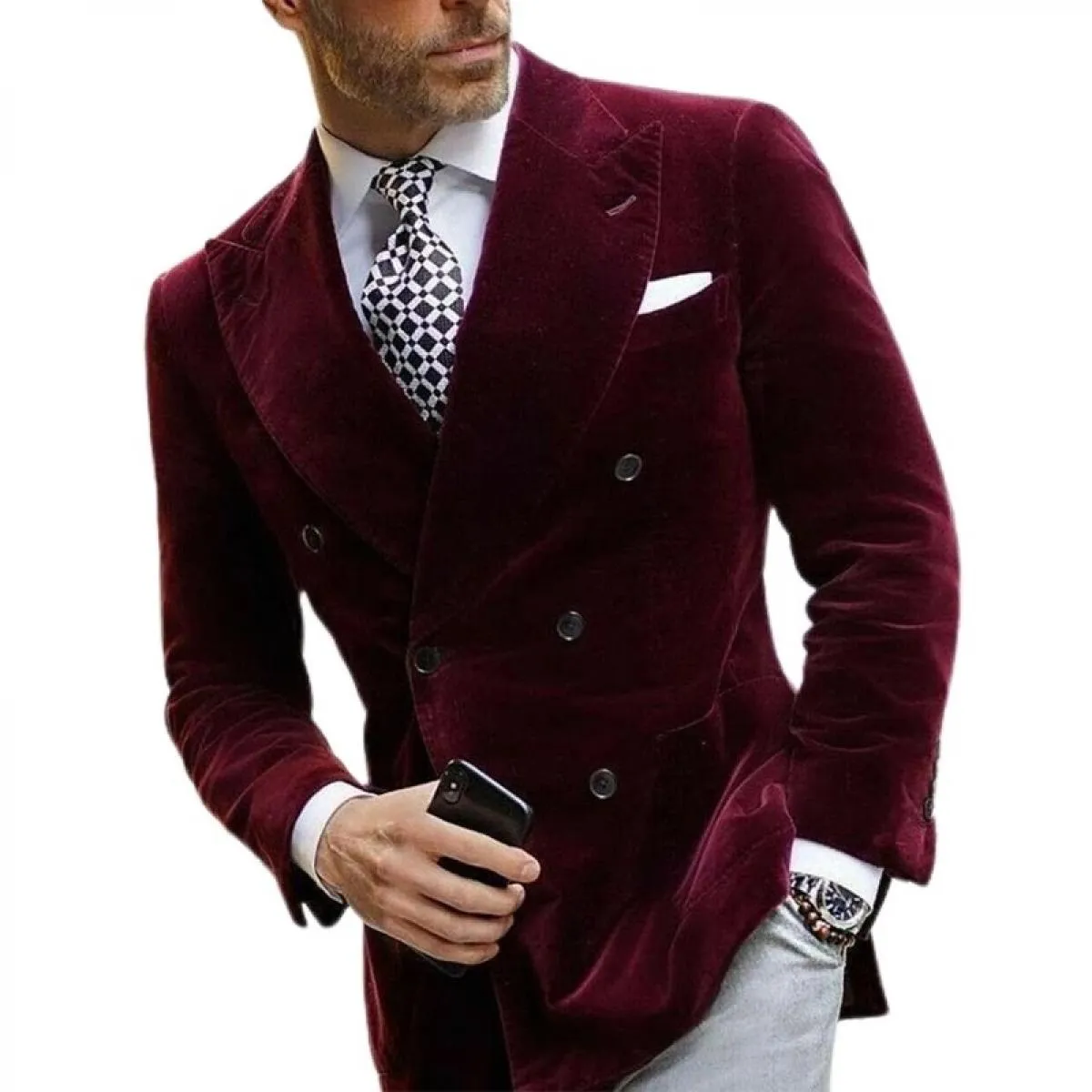 Giacca da uomo in velluto bordeaux Blazer da uomo doppiopetto in velluto bordeaux