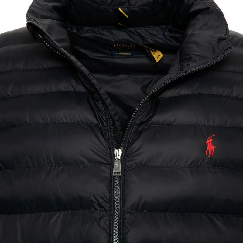 Gilet imbottito blu navy con pony rosso 
