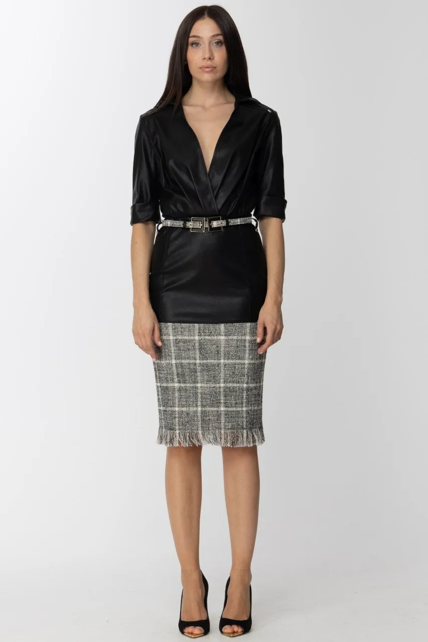 Gonna midi in simil pelle e tweed Nero