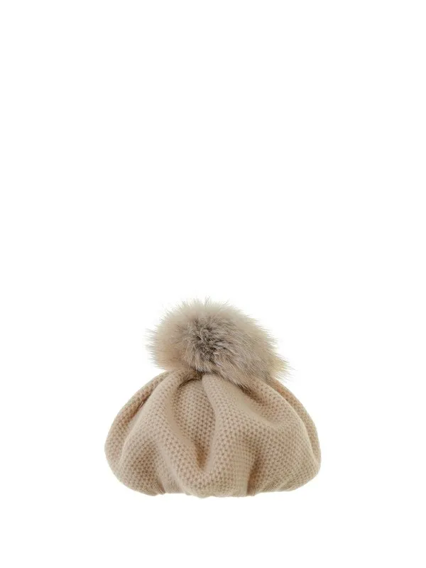 Honeycomb beret in pure cashmere with pompon