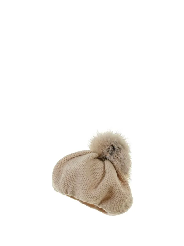 Honeycomb beret in pure cashmere with pompon