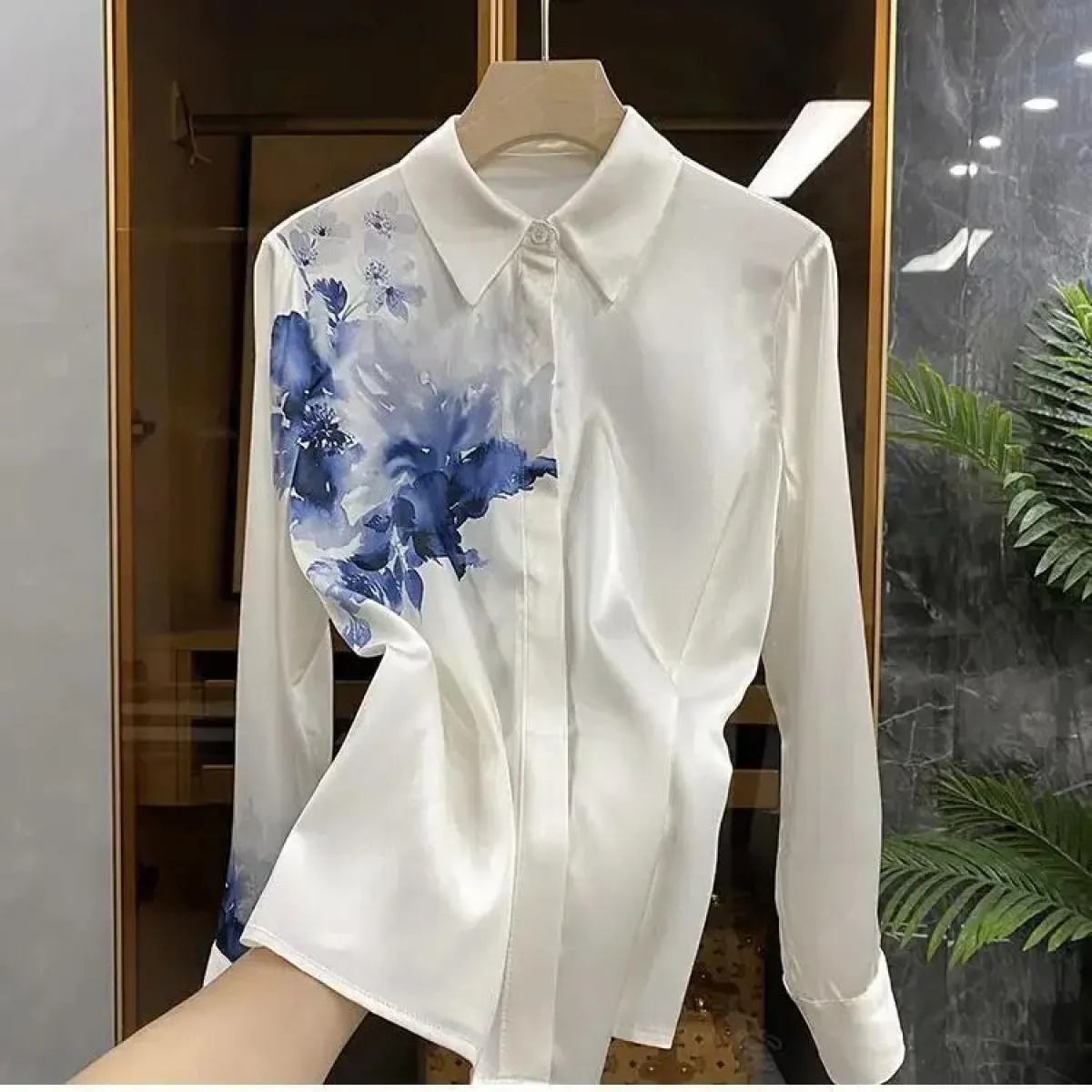 Imitazione della pittura a inchiostro di seta Posizionamento Camicia in seta di gelso Top Camicie da donna Top moda Mujer Camisa