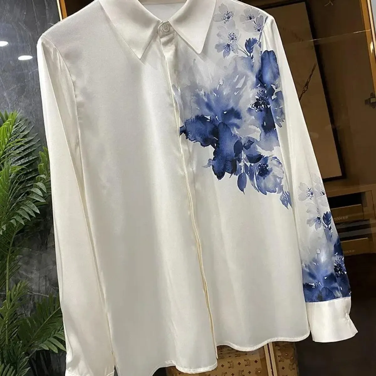 Imitazione della pittura a inchiostro di seta Posizionamento Camicia in seta di gelso Top Camicie da donna Top moda Mujer Camisa