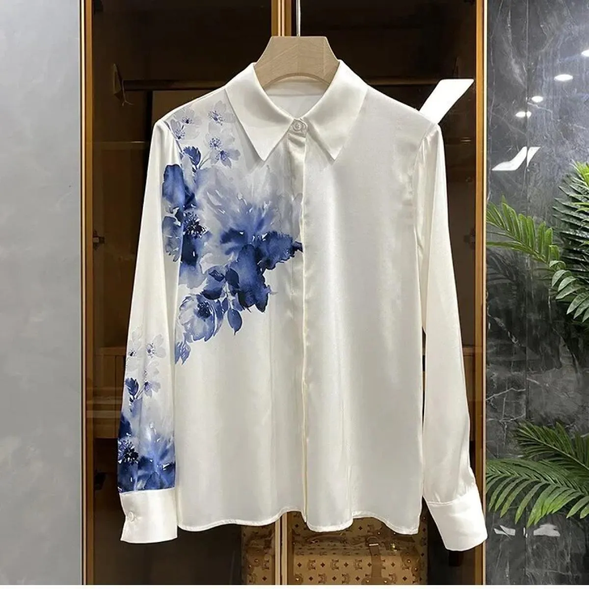 Imitazione della pittura a inchiostro di seta Posizionamento Camicia in seta di gelso Top Camicie da donna Top moda Mujer Camisa