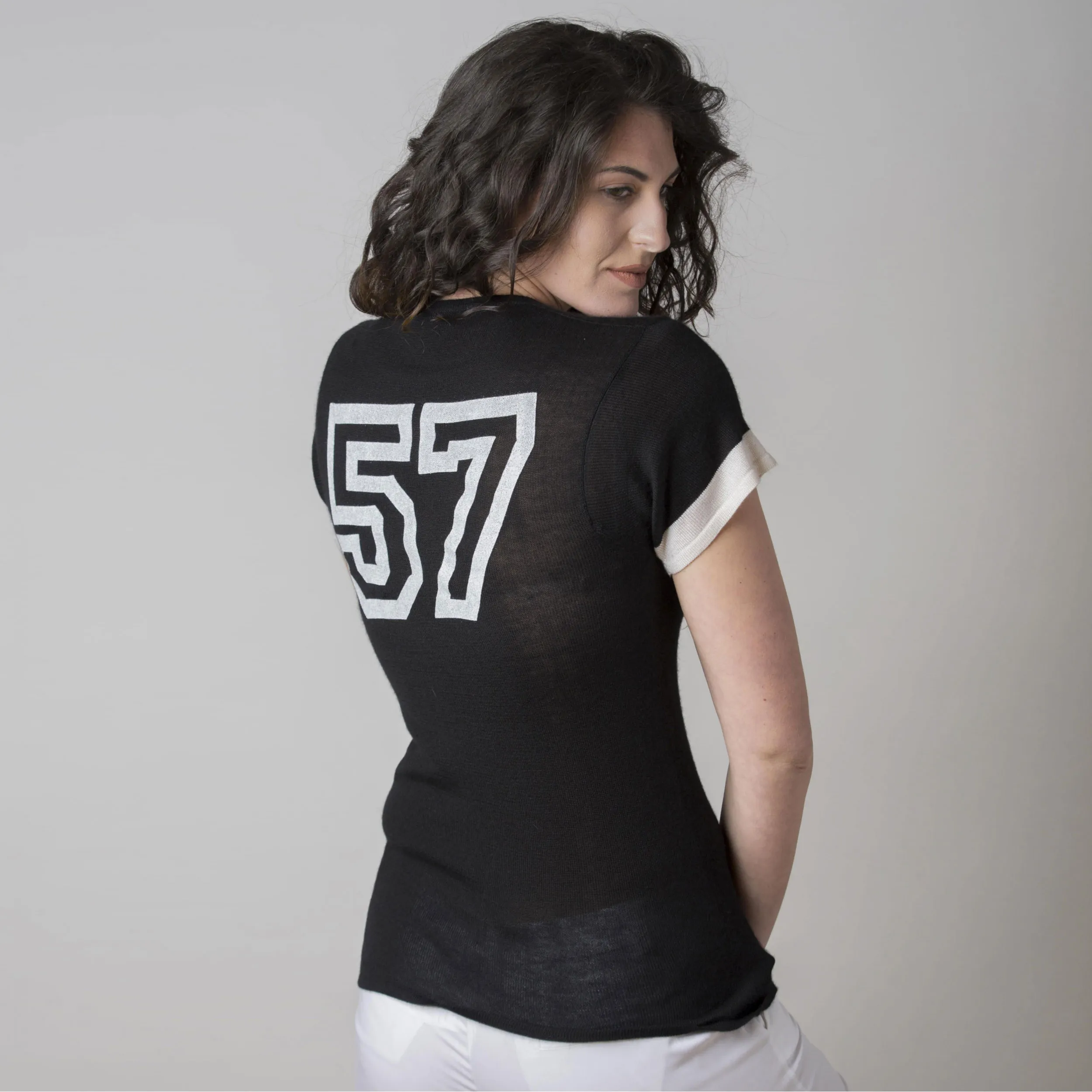 Maglia in Cashmere e Seta Nero e Avorio con Stampa