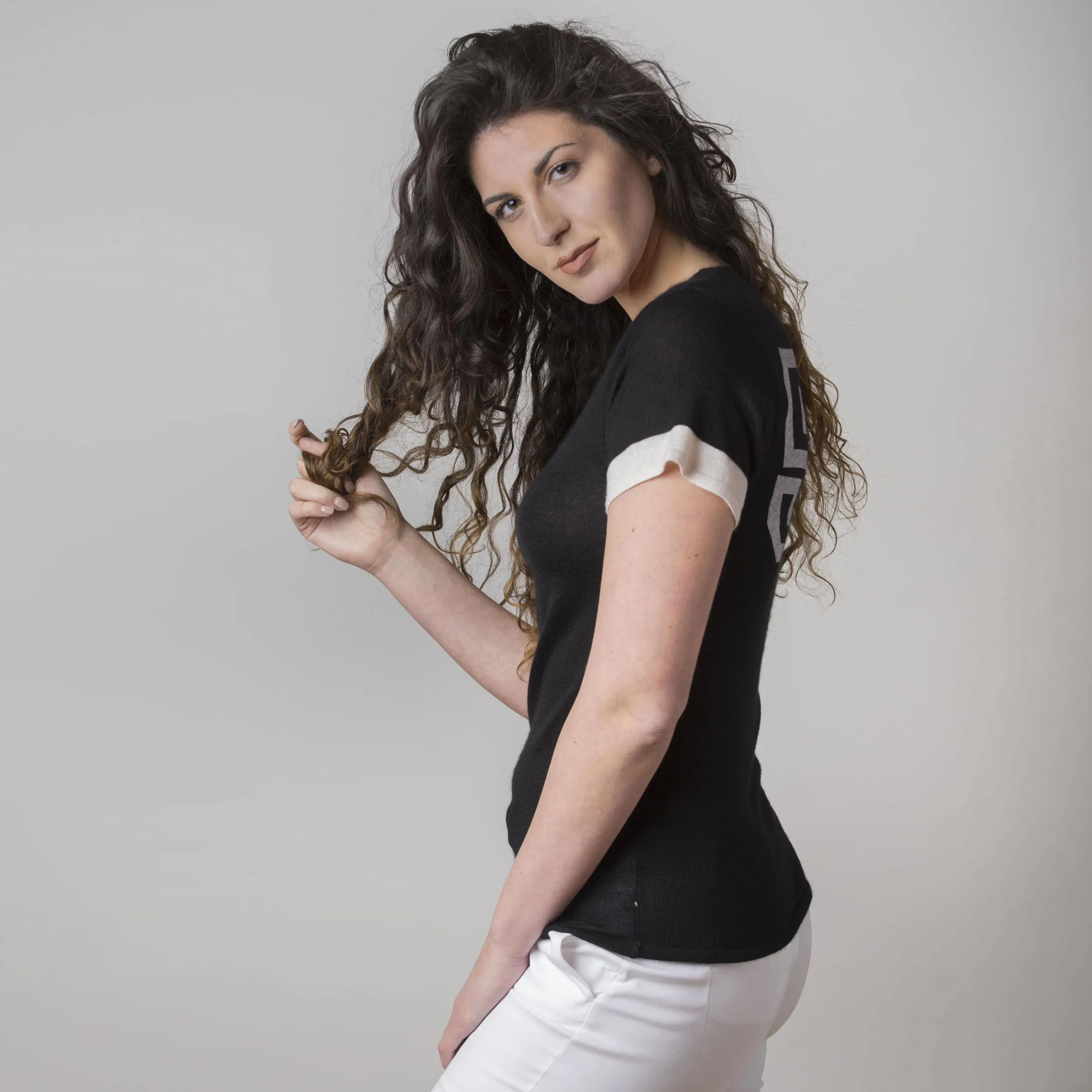 Maglia in Cashmere e Seta Nero e Avorio con Stampa