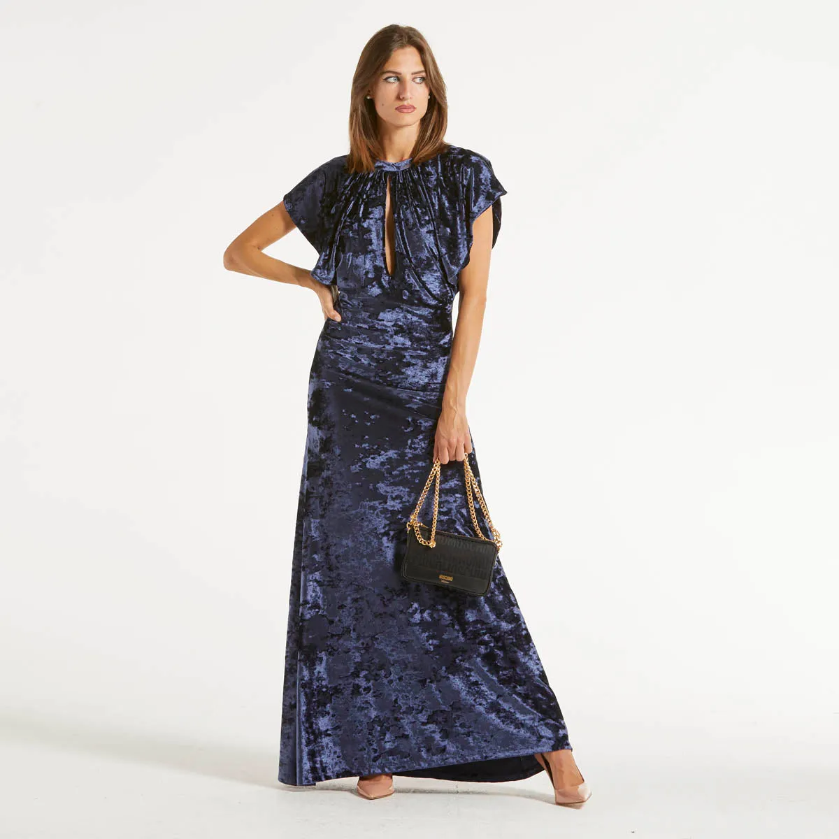Moschino abito lungo in velluto blu