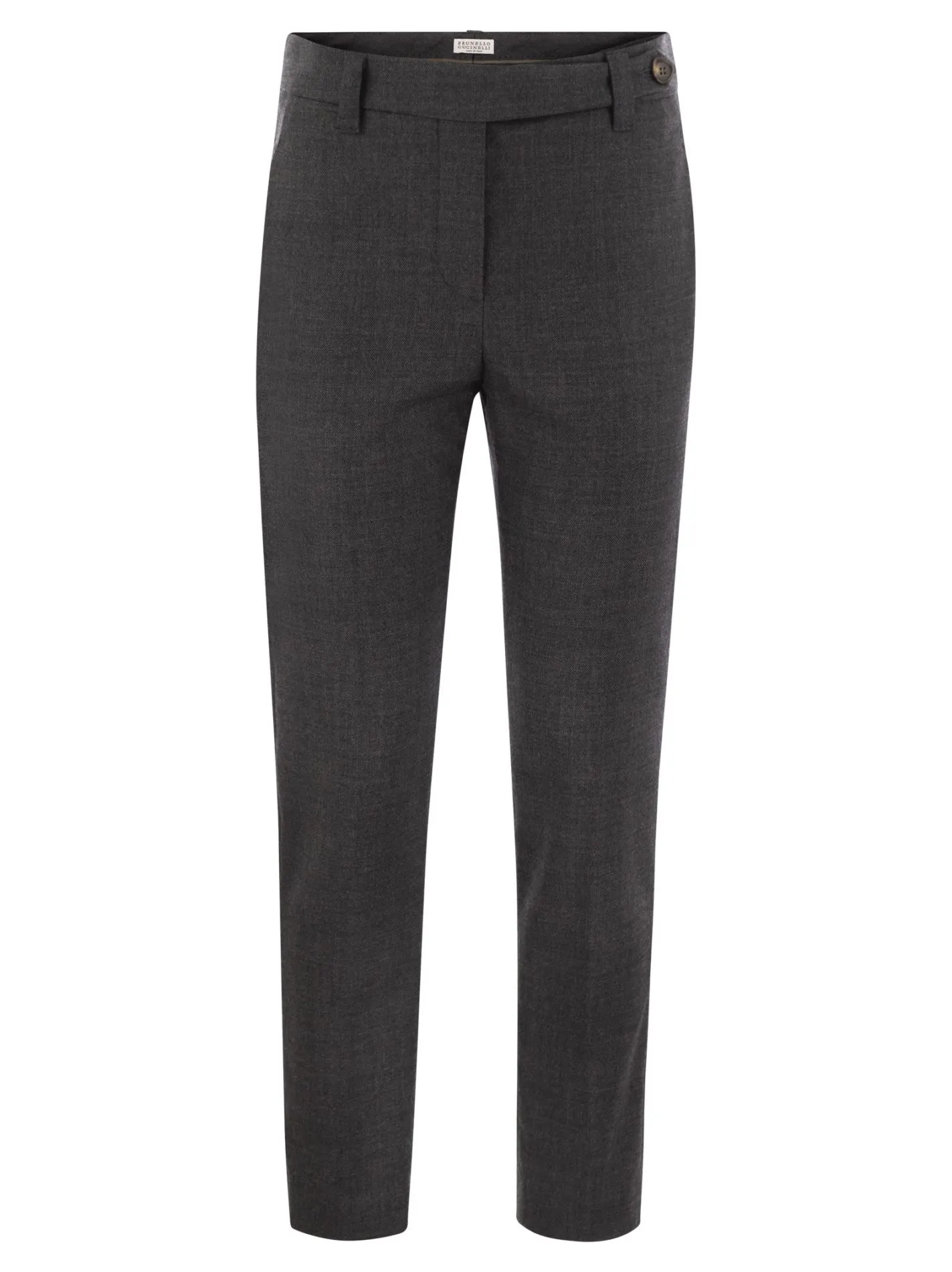 Pantalone sigaretta in lana vergine stretch con monile