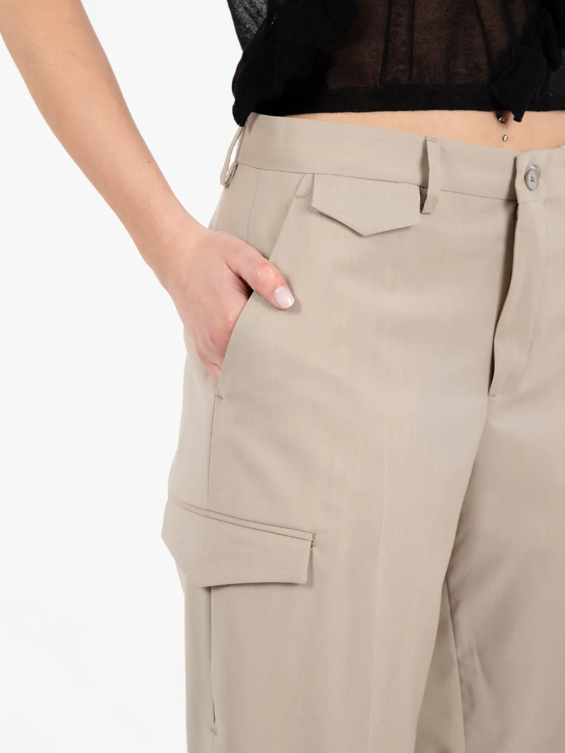 Pantaloni con tasche fresco lana beige havana