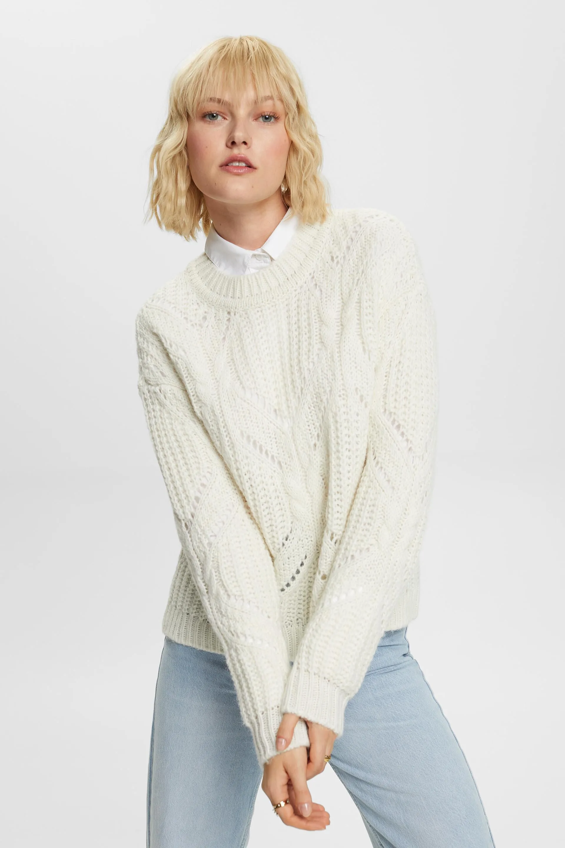 Pullover in misto lana in maglia traforata