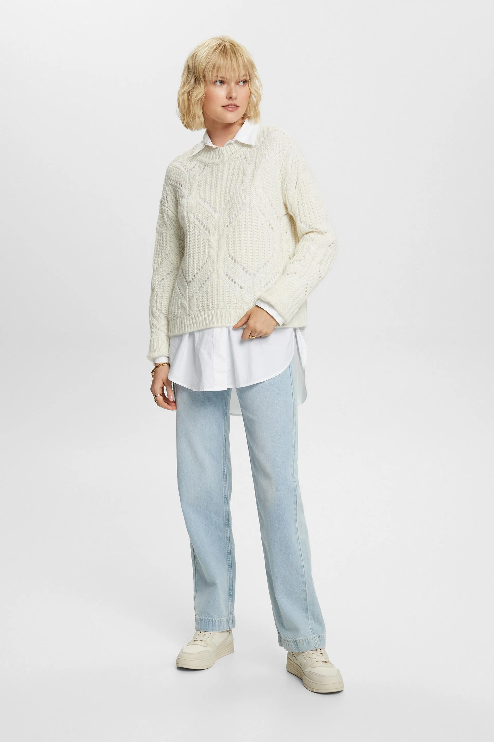 Pullover in misto lana in maglia traforata