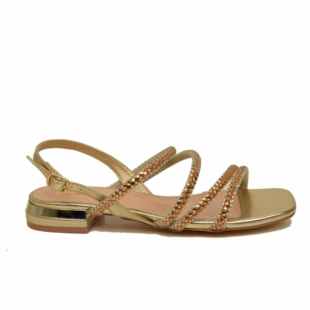 Sandali Donna Platino con Strass e Cinturino Regolabile