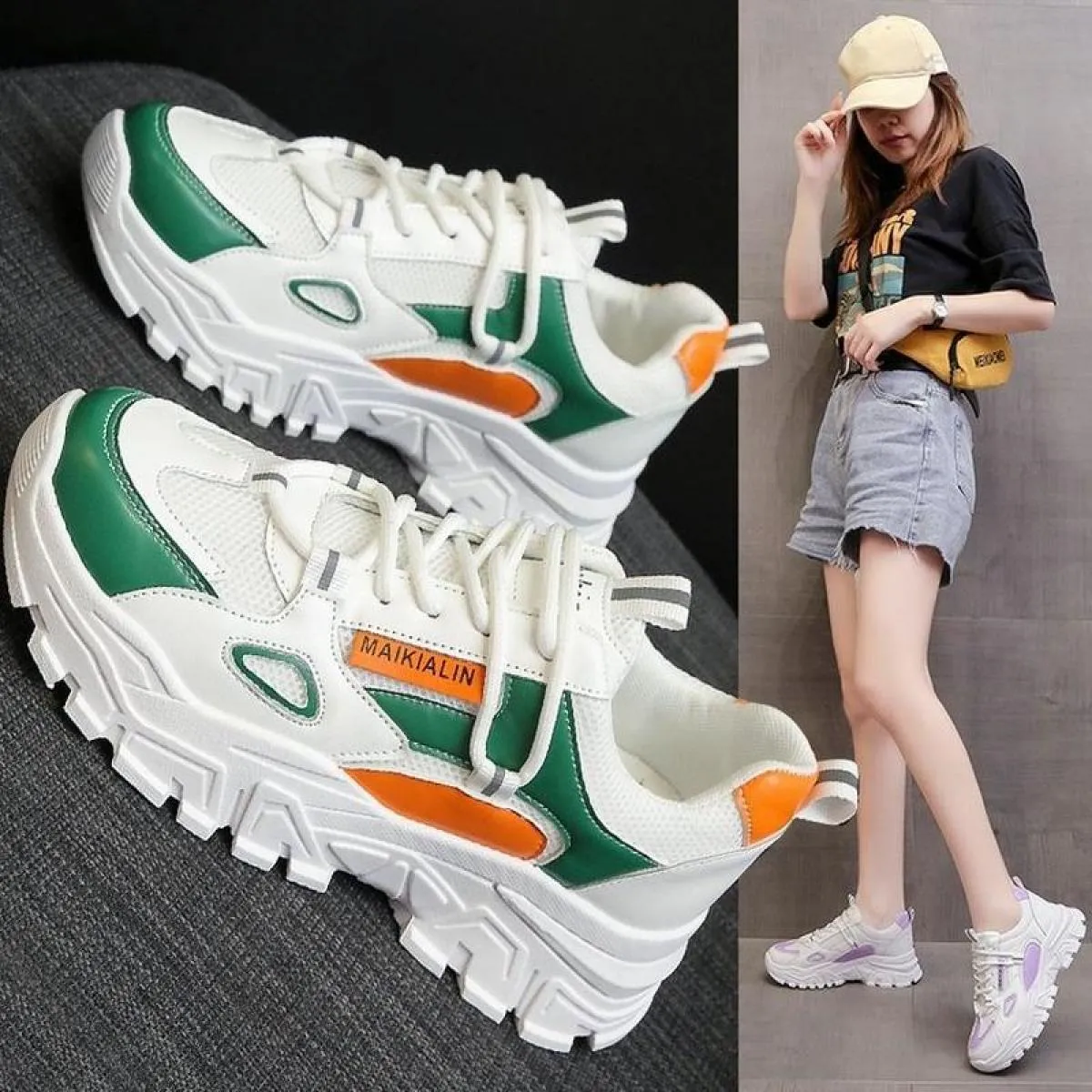 Scarpe da ginnastica con plateau da donna Scarpe da donna di nuovo stile Scarpe da studente Stringate Suola spessa Scarpe sporti