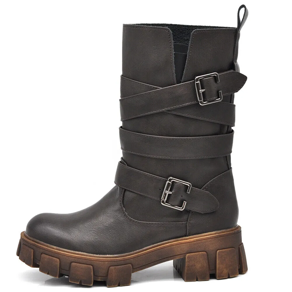 Scarpe Stivali Biker da Donna Anfibi al Polpaccio Con Cinturini e Fibbie YG891