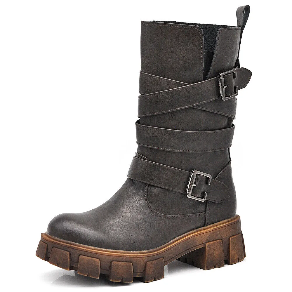 Scarpe Stivali Biker da Donna Anfibi al Polpaccio Con Cinturini e Fibbie YG891