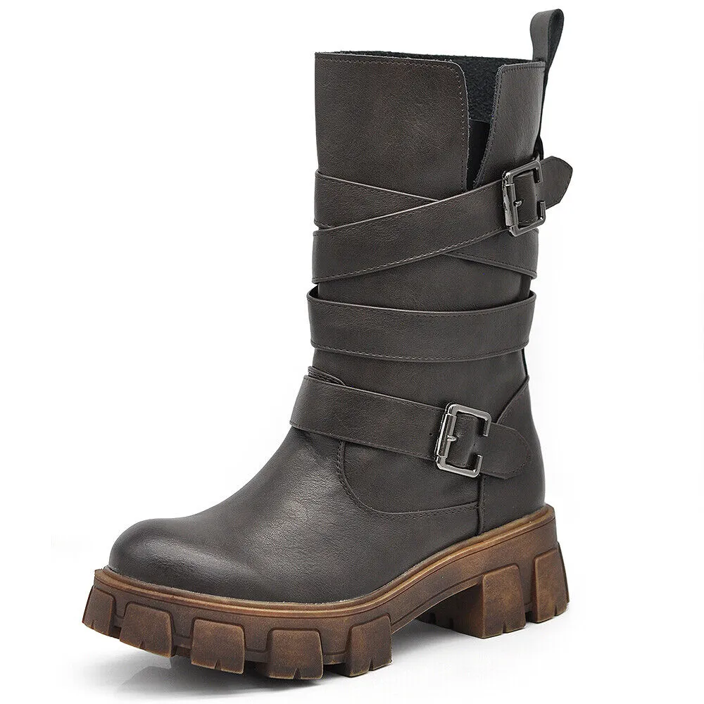 Scarpe Stivali Biker da Donna Anfibi al Polpaccio Con Cinturini e Fibbie YG891