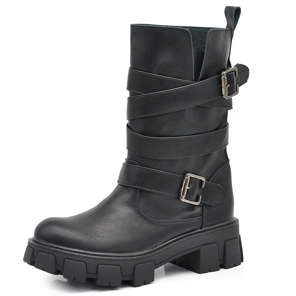 Scarpe Stivali Biker da Donna Anfibi al Polpaccio Con Cinturini e Fibbie YG891