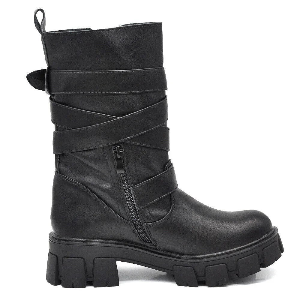 Scarpe Stivali Biker da Donna Anfibi al Polpaccio Con Cinturini e Fibbie YG891