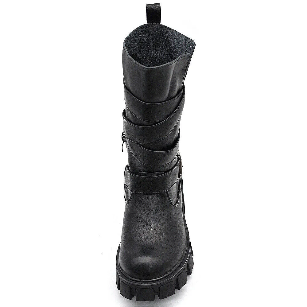 Scarpe Stivali Biker da Donna Anfibi al Polpaccio Con Cinturini e Fibbie YG891