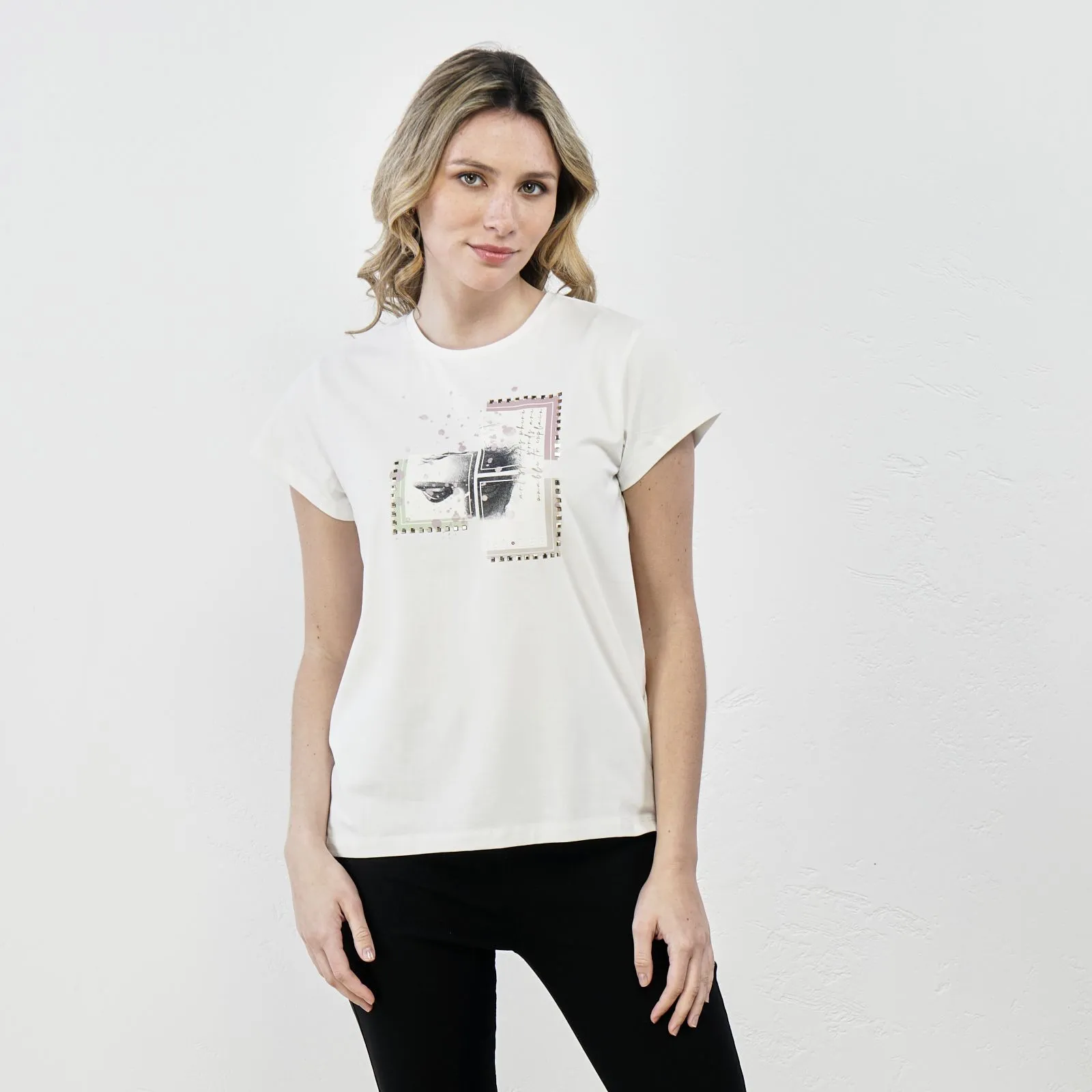 T-shirt bianca maniche corte con stampa con borchie