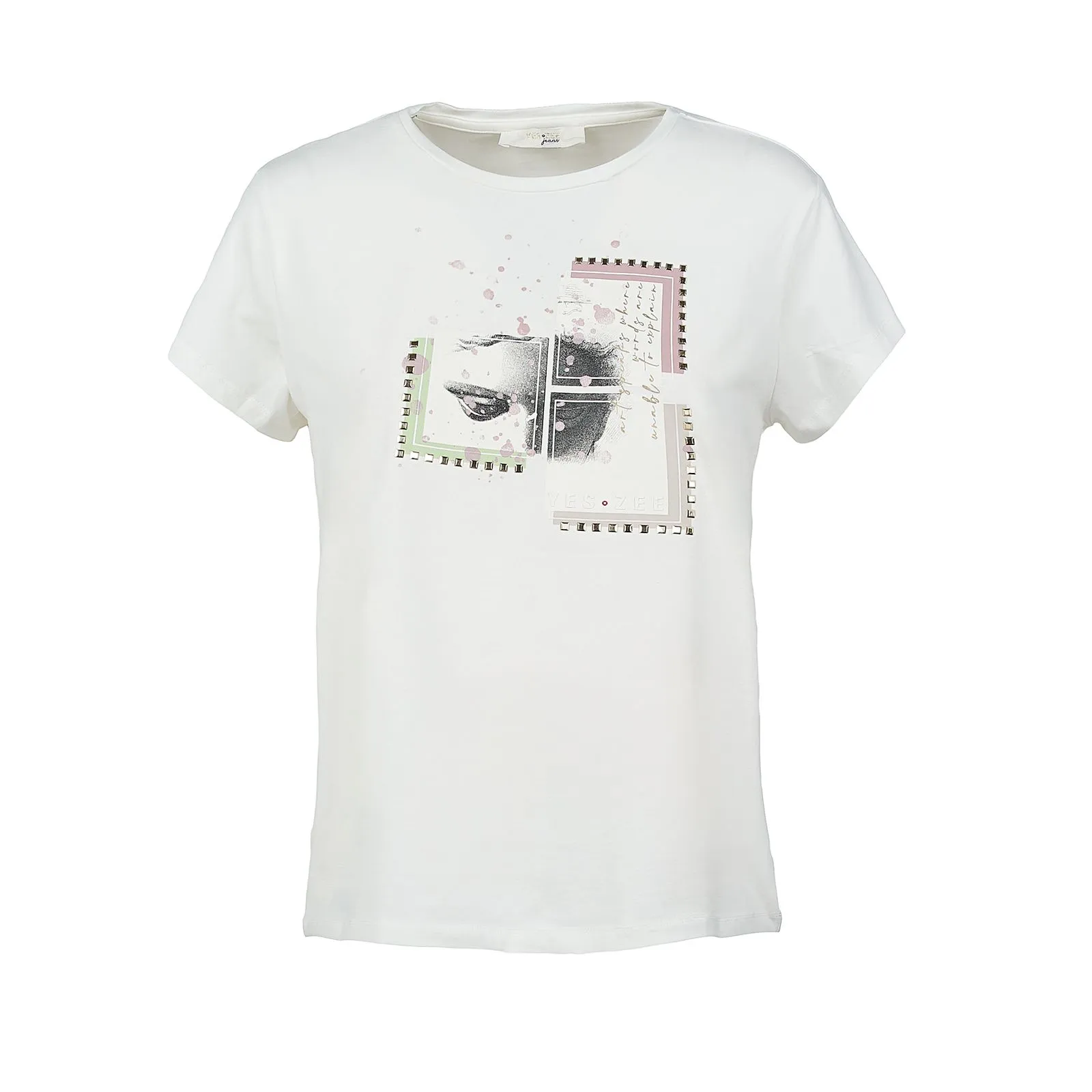 T-shirt bianca maniche corte con stampa con borchie
