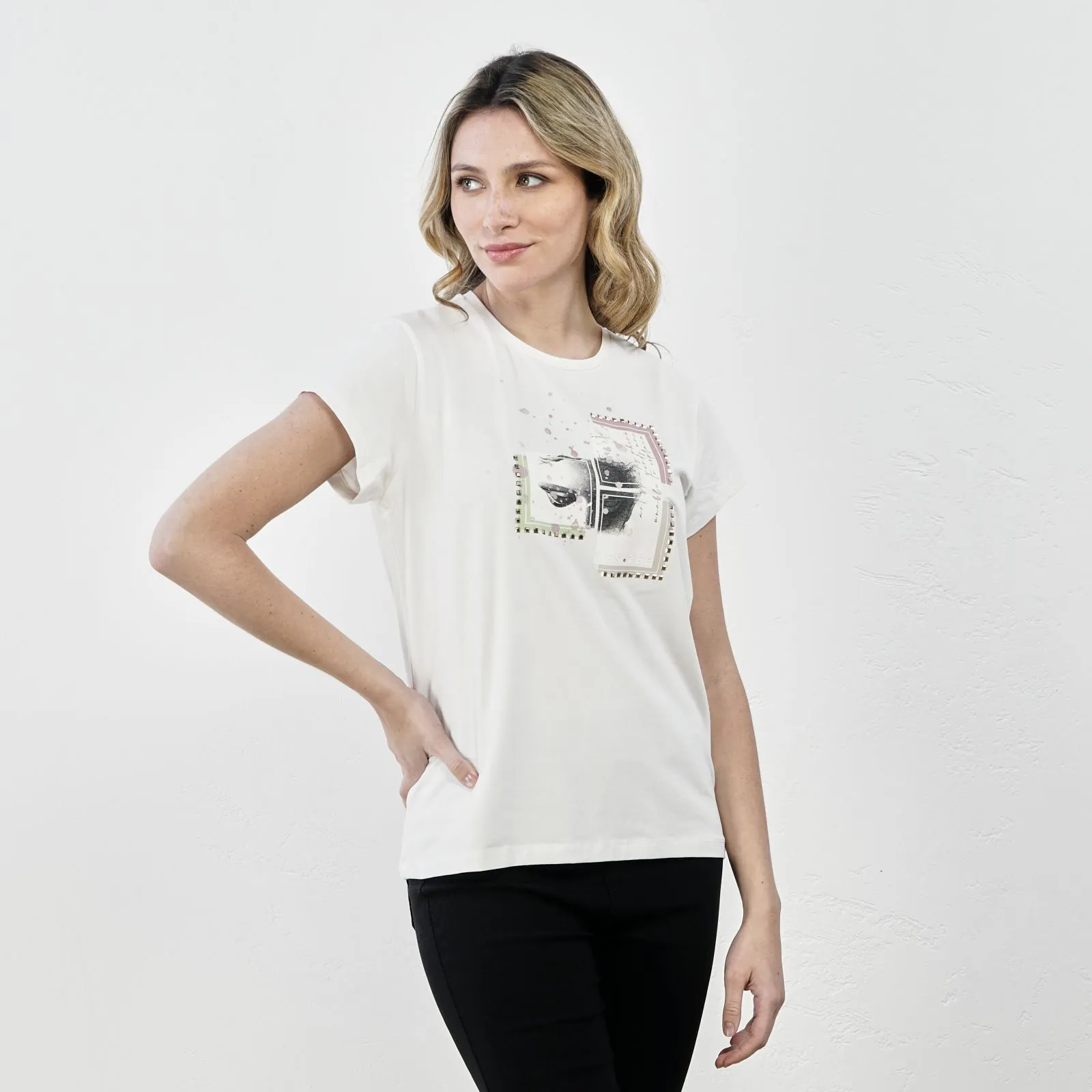 T-shirt bianca maniche corte con stampa con borchie