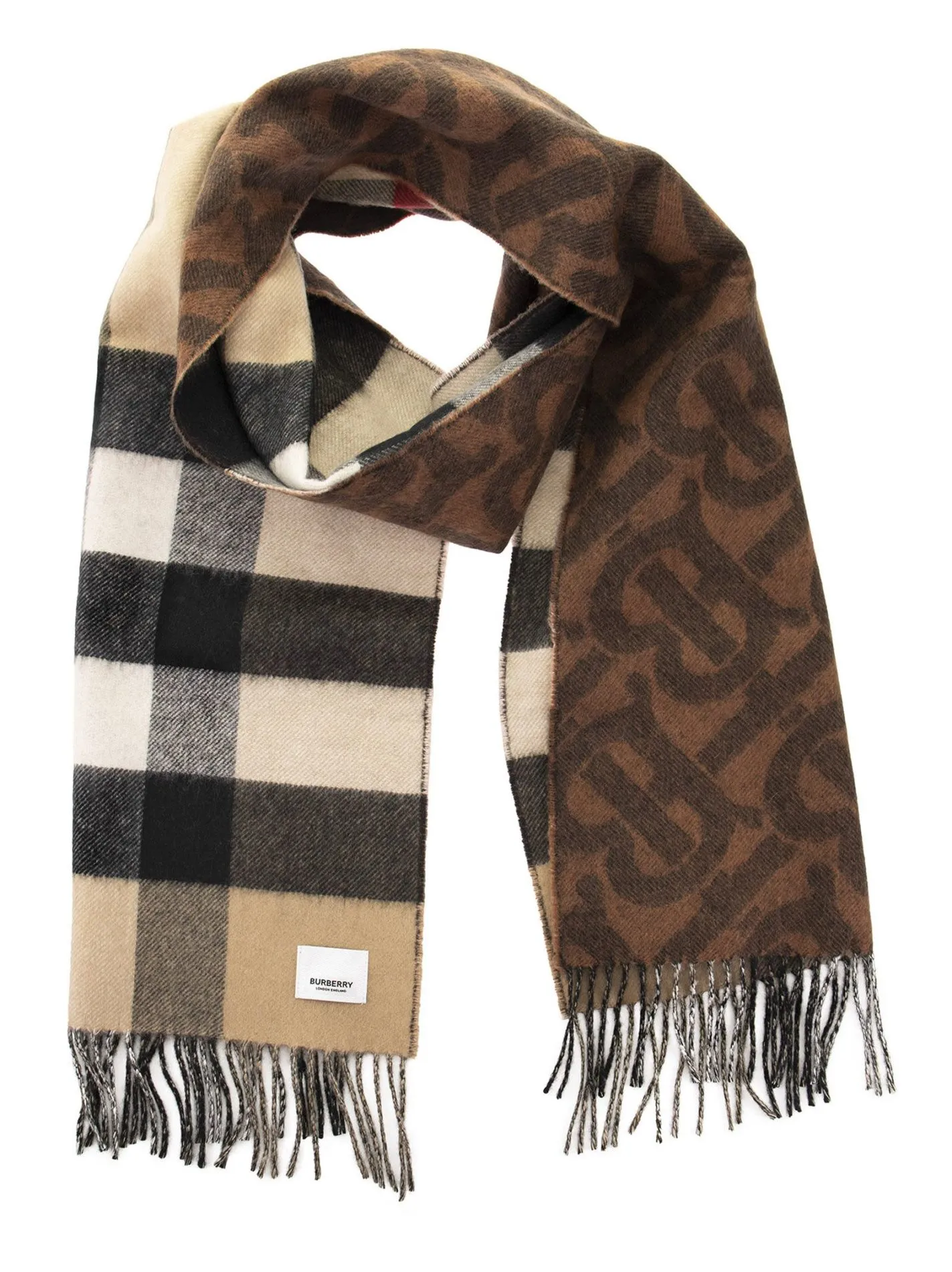 TB HALF MEGA – Reversible cashmere scarf with tartan and monogram pattern