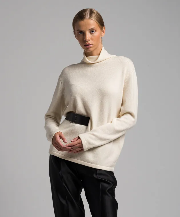 Tom Ford Maglione in cashmere bianco con cintura in pelle MAK723YAX098