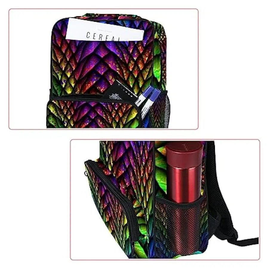 Zaino da donna per college,borsa da viaggio zaino classico,Scala di pesce di dinosauro arcobaleno vintage,Zainetto casual legger