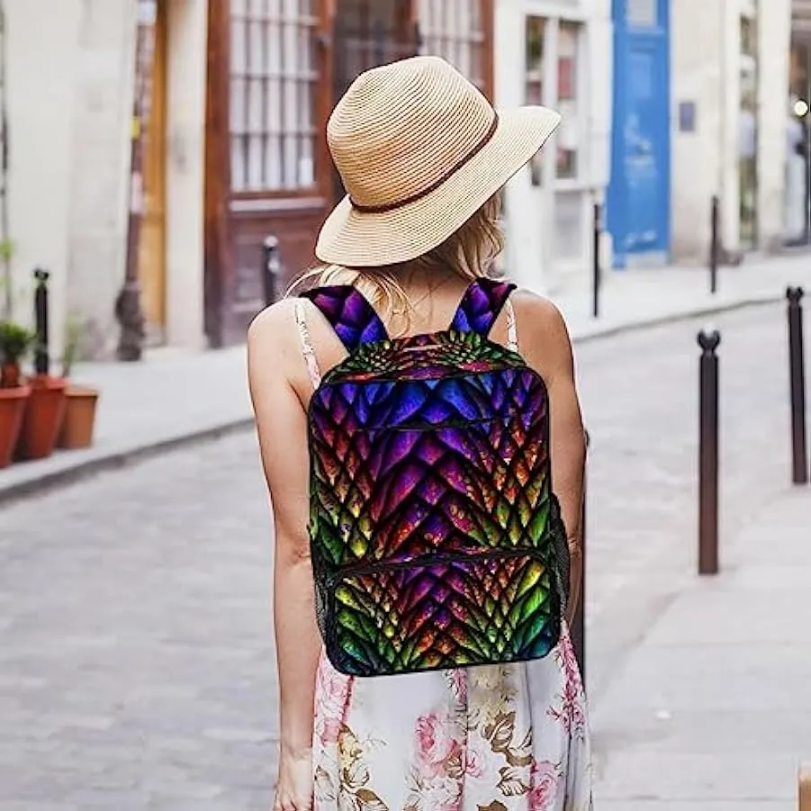 Zaino da donna per college,borsa da viaggio zaino classico,Scala di pesce di dinosauro arcobaleno vintage,Zainetto casual legger
